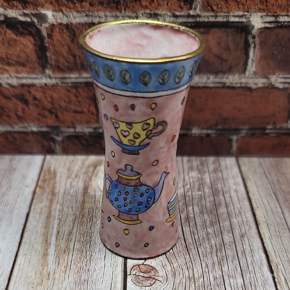 Vtg Pink Empress Arts Ltd Tea Time Enamel On Copper Mini Vase